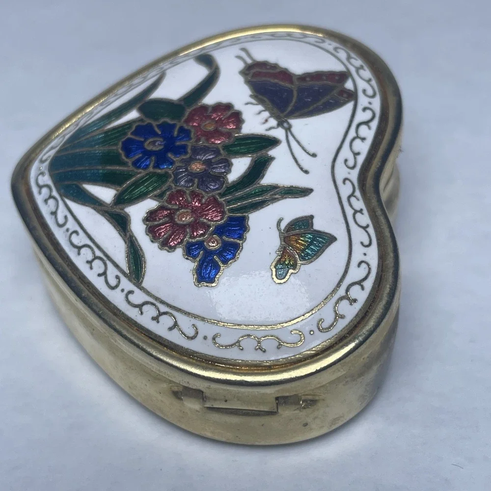 VTG Cloisonné Small Hinged Trinket Pill Jewelry Box Butterfly Flower